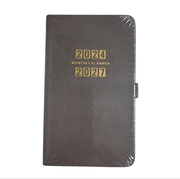 Small Travel Pocket Size Gray and Gold 2024-2027 Paper Monthly Planner Calendar - Picture 1 of 5